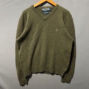 Polo Ralph Lauren Mens V-Neck Sweater Olive Green 100% Lambswool Large Pony Logo